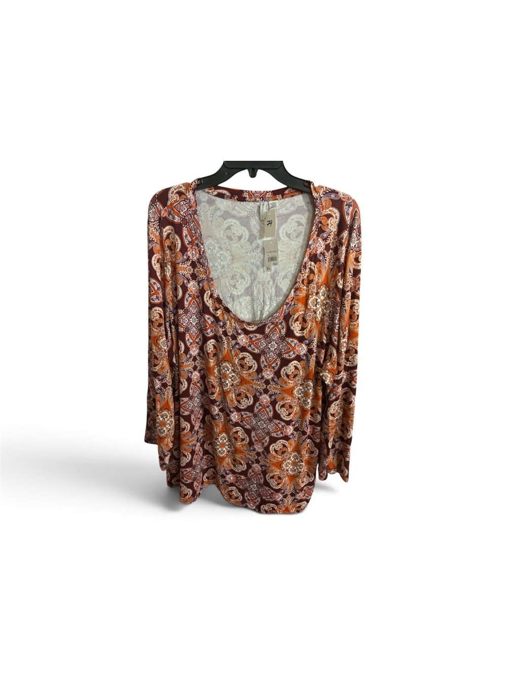 Cato Paisley Scoop Neck Long Sleeve Top - Brown, Orange & Cream